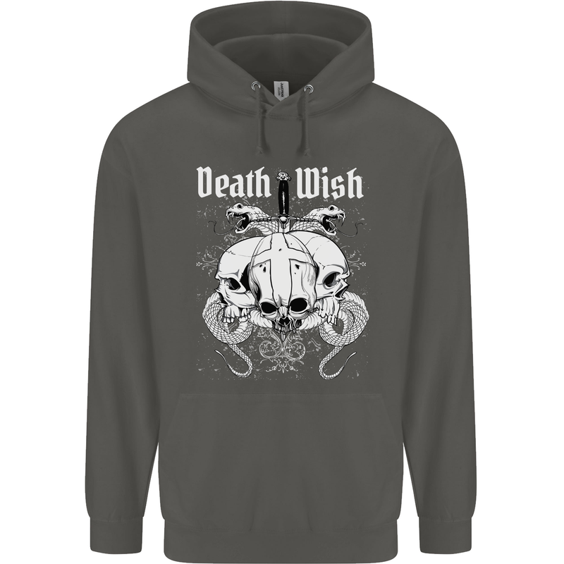 Death Wish Skulls Snakes Biker Gothic Demon Childrens Kids Hoodie Storm Grey