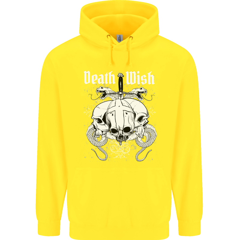 Death Wish Skulls Snakes Biker Gothic Demon Childrens Kids Hoodie Yellow