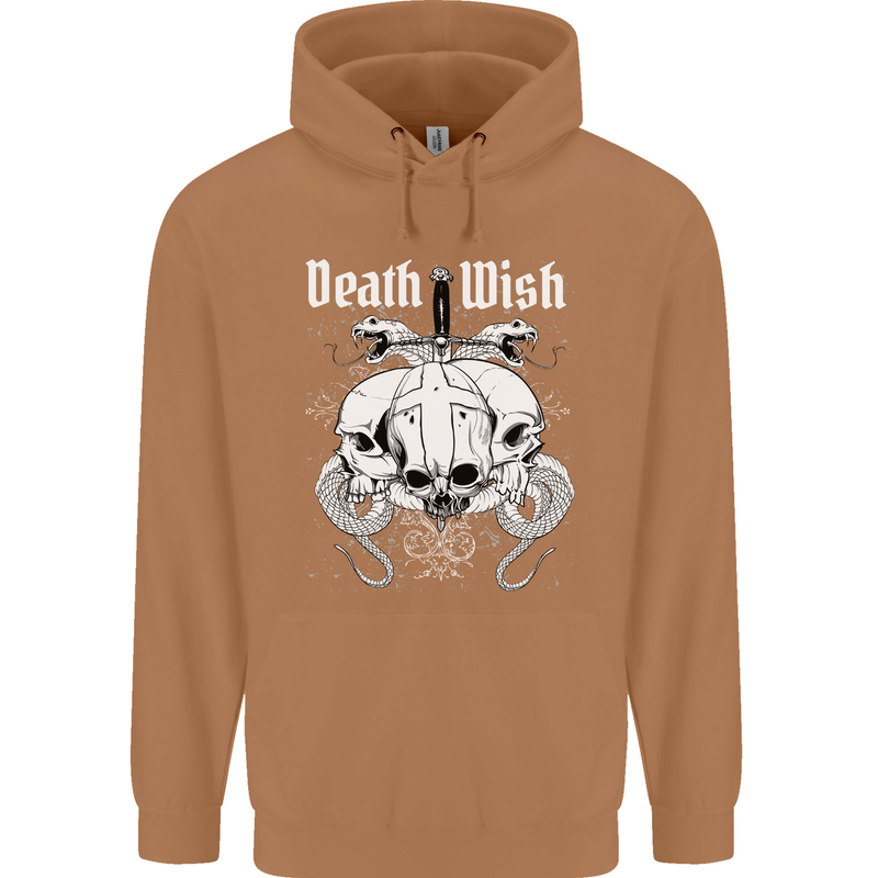 Death Wish Skulls Snakes Biker Gothic Demon Mens 80% Cotton Hoodie Caramel Latte