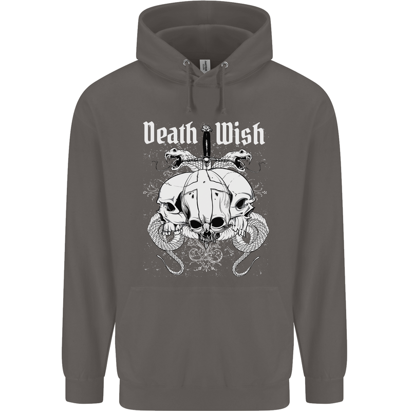 Death Wish Skulls Snakes Biker Gothic Demon Mens 80% Cotton Hoodie Charcoal