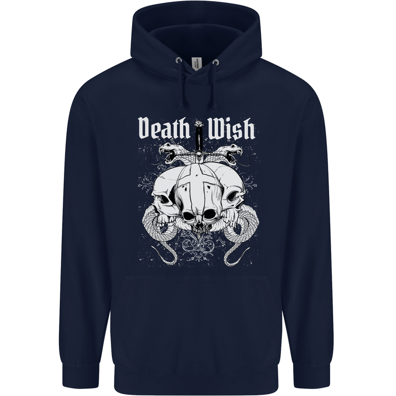 Death Wish Skulls Snakes Biker Gothic Demon Mens 80% Cotton Hoodie Navy Blue