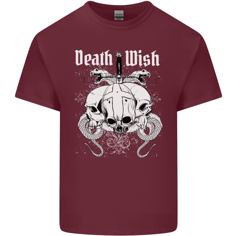 Death Wish Skulls Snakes Biker Gothic Demon Mens Cotton T-Shirt Tee Top Maroon