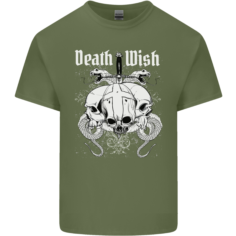 Death Wish Skulls Snakes Biker Gothic Demon Mens Cotton T-Shirt Tee Top Military Green