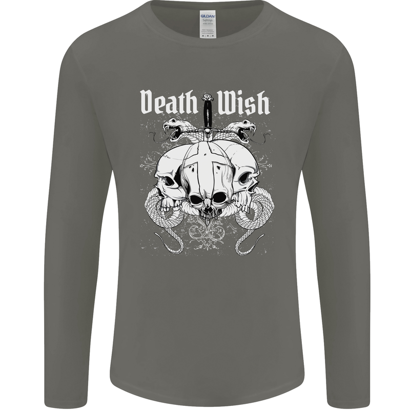 Death Wish Skulls Snakes Biker Gothic Demon Mens Long Sleeve T-Shirt Charcoal