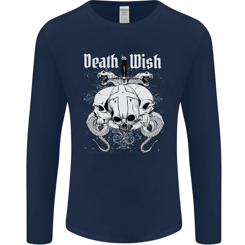 Death Wish Skulls Snakes Biker Gothic Demon Mens Long Sleeve T-Shirt Navy Blue