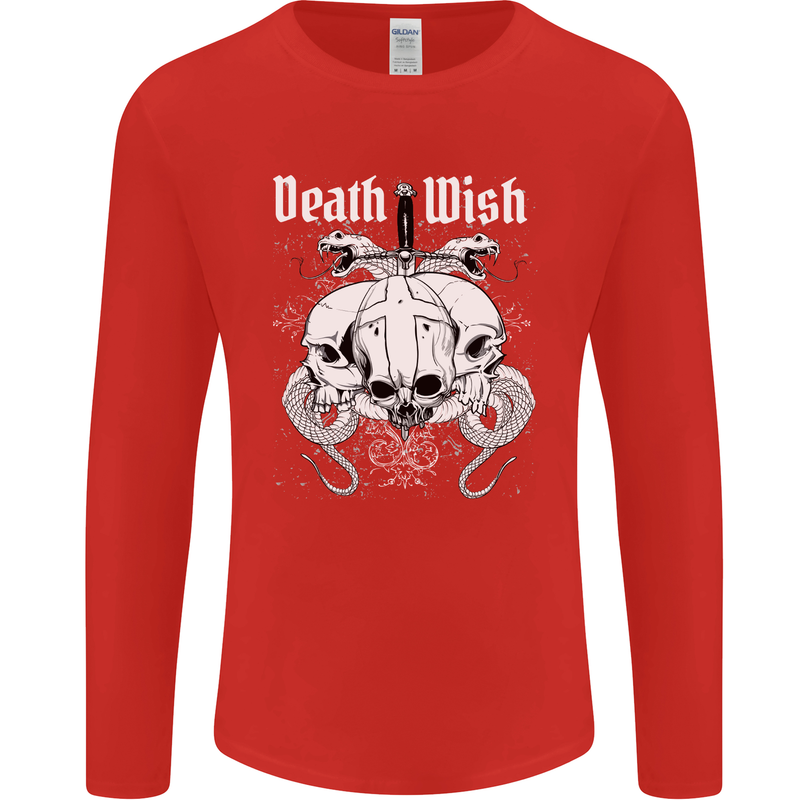 Death Wish Skulls Snakes Biker Gothic Demon Mens Long Sleeve T-Shirt Red