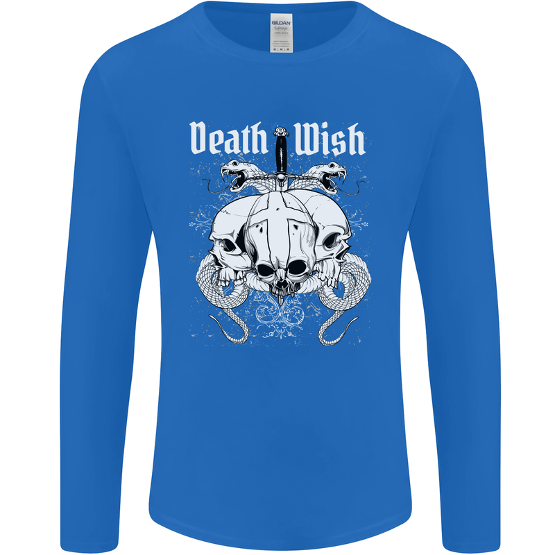 Death Wish Skulls Snakes Biker Gothic Demon Mens Long Sleeve T-Shirt Royal Blue