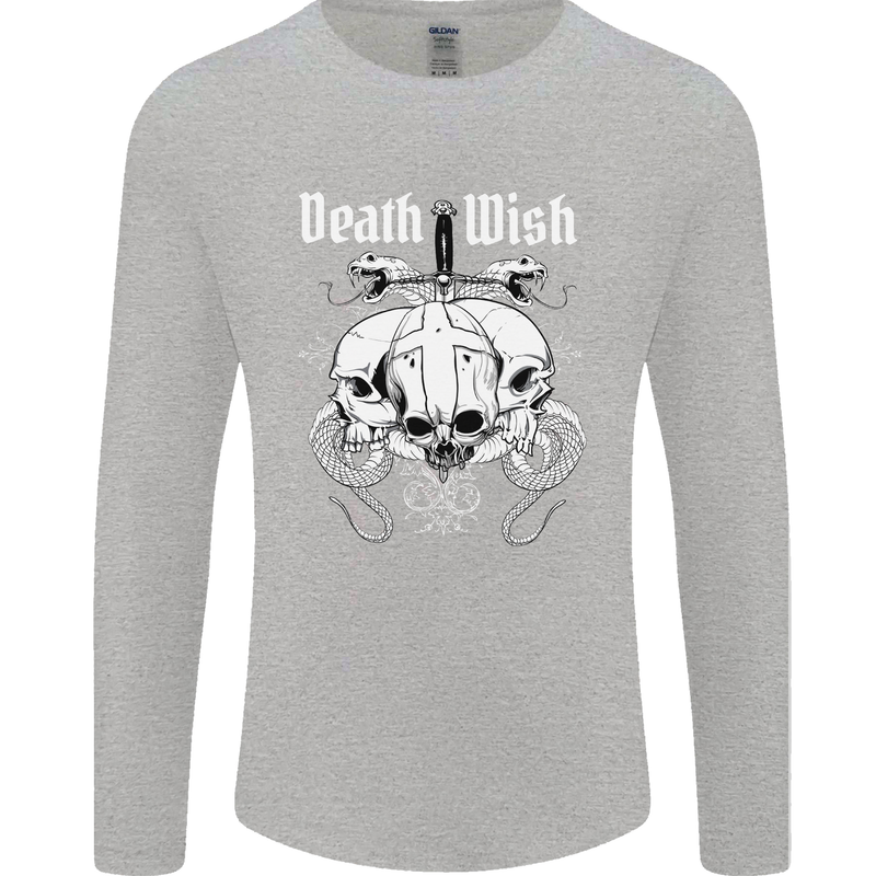 Death Wish Skulls Snakes Biker Gothic Demon Mens Long Sleeve T-Shirt Sports Grey