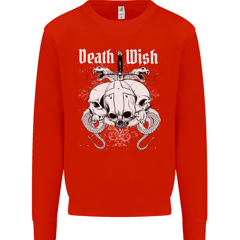 Death Wish Skulls Snakes Biker Gothic Demon Mens Sweatshirt Jumper Bright Red