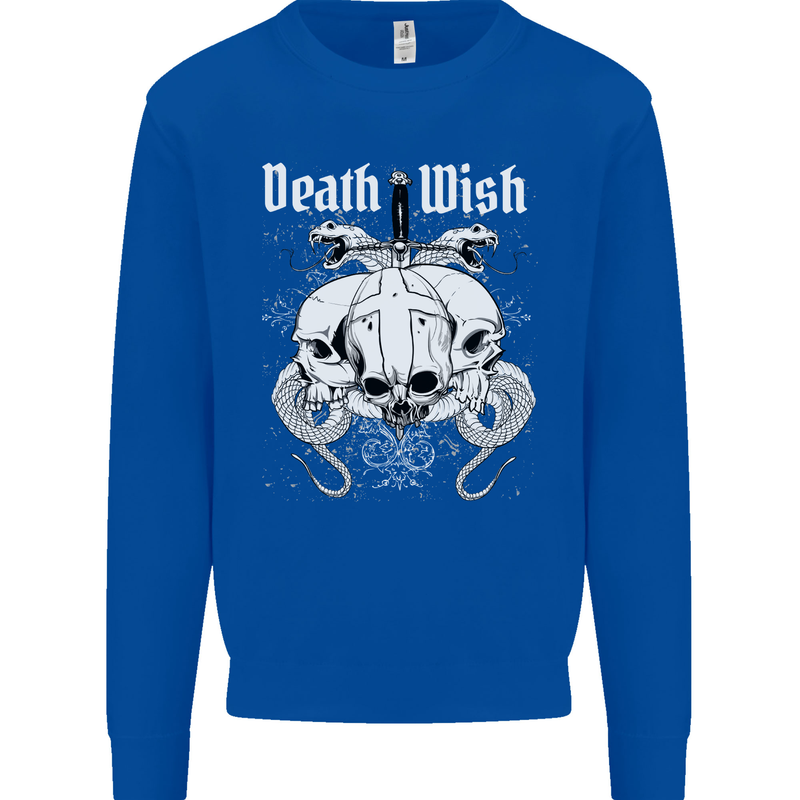 Death Wish Skulls Snakes Biker Gothic Demon Mens Sweatshirt Jumper Royal Blue