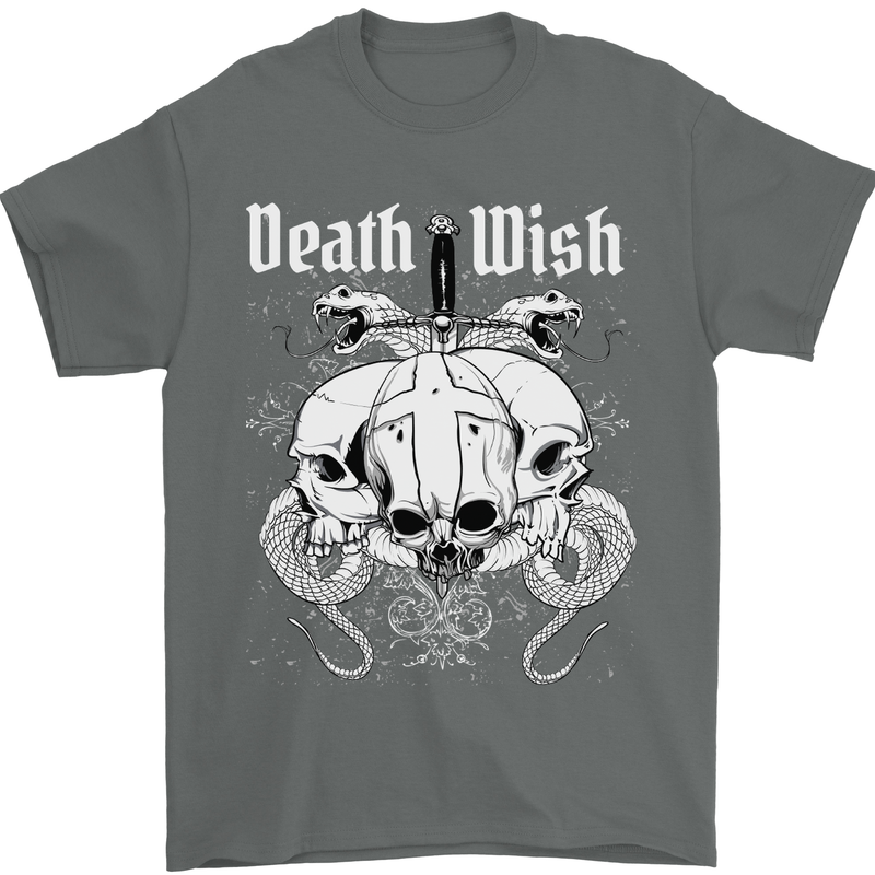 Death Wish Skulls Snakes Biker Gothic Demon Mens T-Shirt Cotton Gildan Charcoal