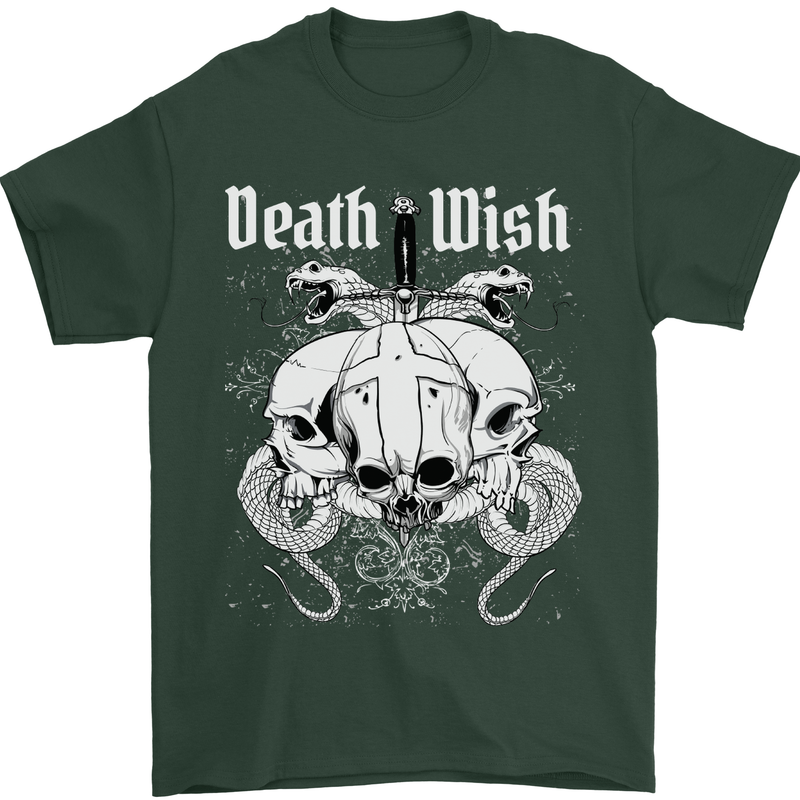 Death Wish Skulls Snakes Biker Gothic Demon Mens T-Shirt Cotton Gildan Forest Green