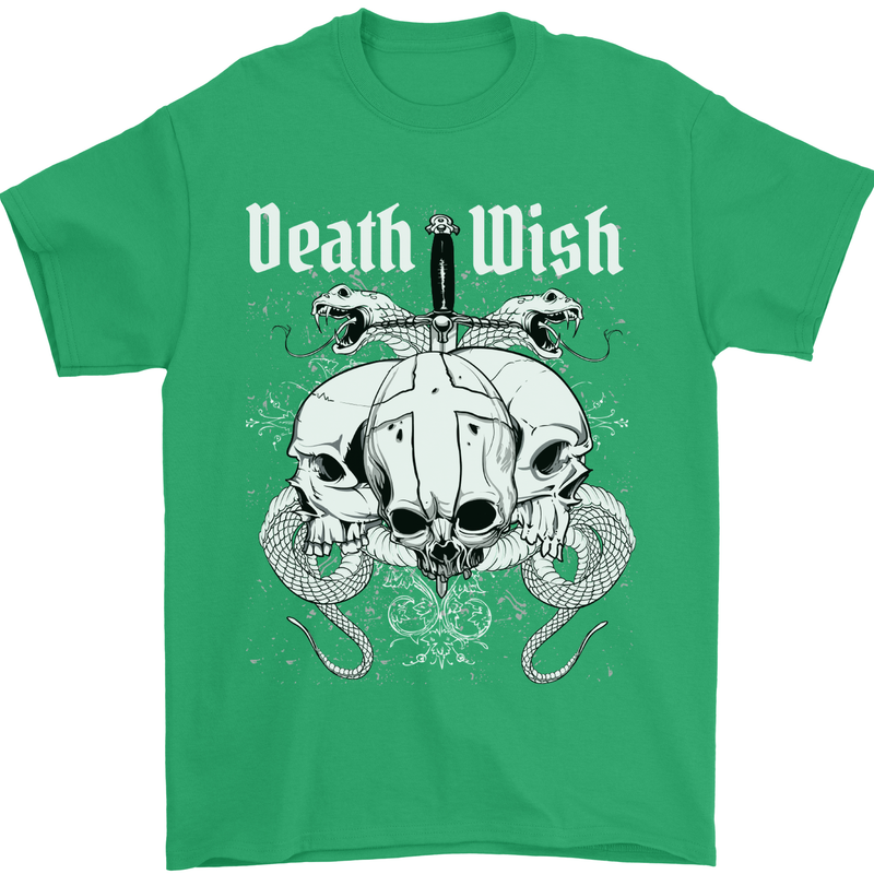 Death Wish Skulls Snakes Biker Gothic Demon Mens T-Shirt Cotton Gildan Irish Green