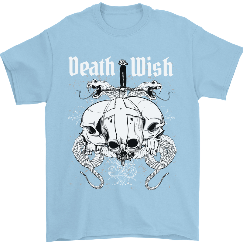 Death Wish Skulls Snakes Biker Gothic Demon Mens T-Shirt Cotton Gildan Light Blue