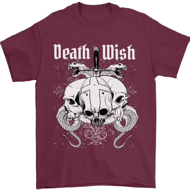 Death Wish Skulls Snakes Biker Gothic Demon Mens T-Shirt Cotton Gildan Maroon