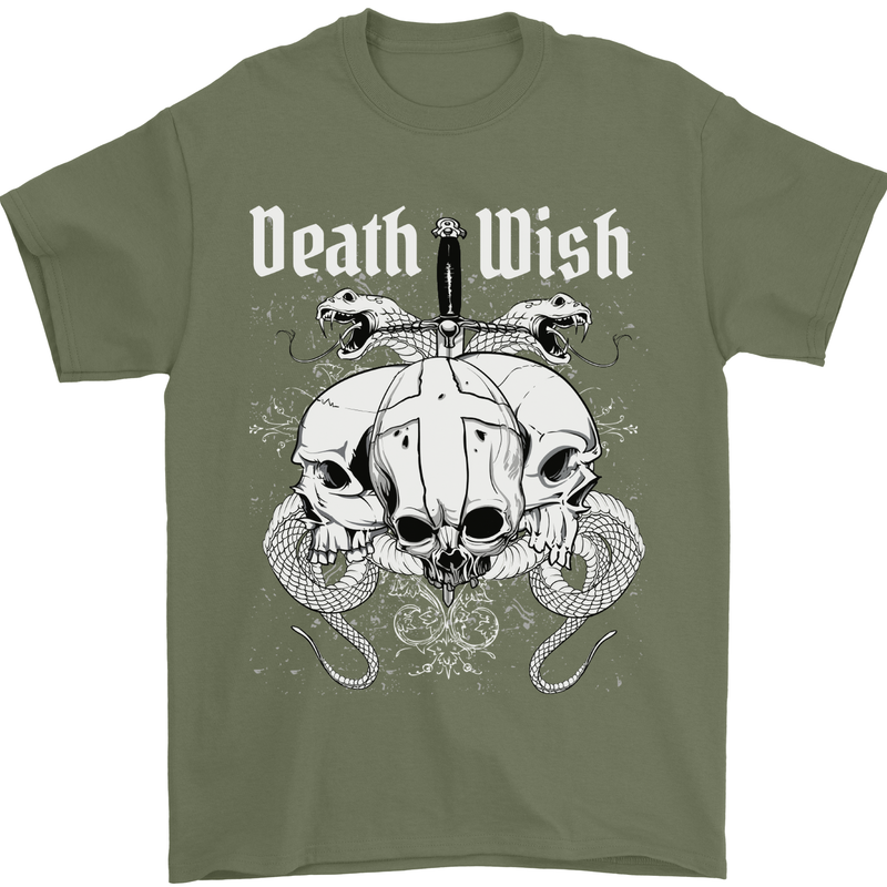 Death Wish Skulls Snakes Biker Gothic Demon Mens T-Shirt Cotton Gildan Military Green