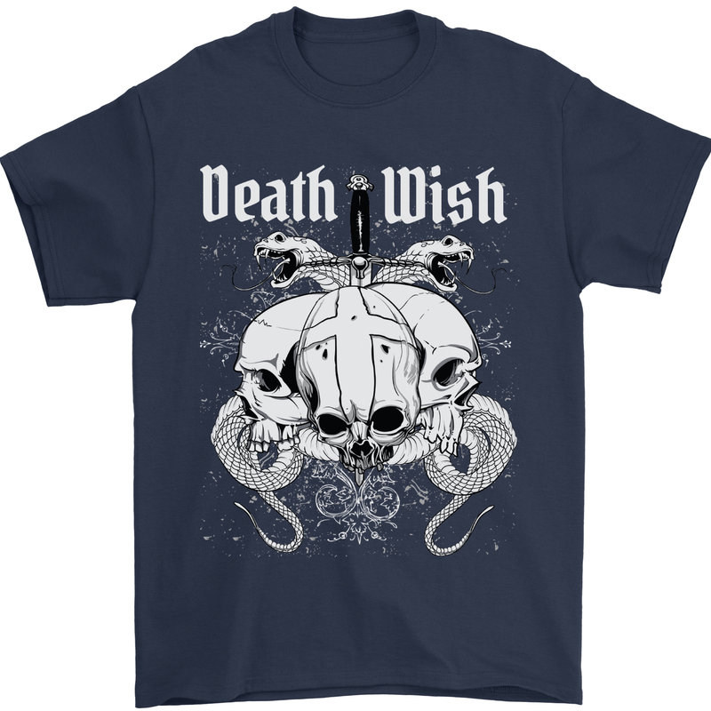Death Wish Skulls Snakes Biker Gothic Demon Mens T-Shirt Cotton Gildan Navy Blue
