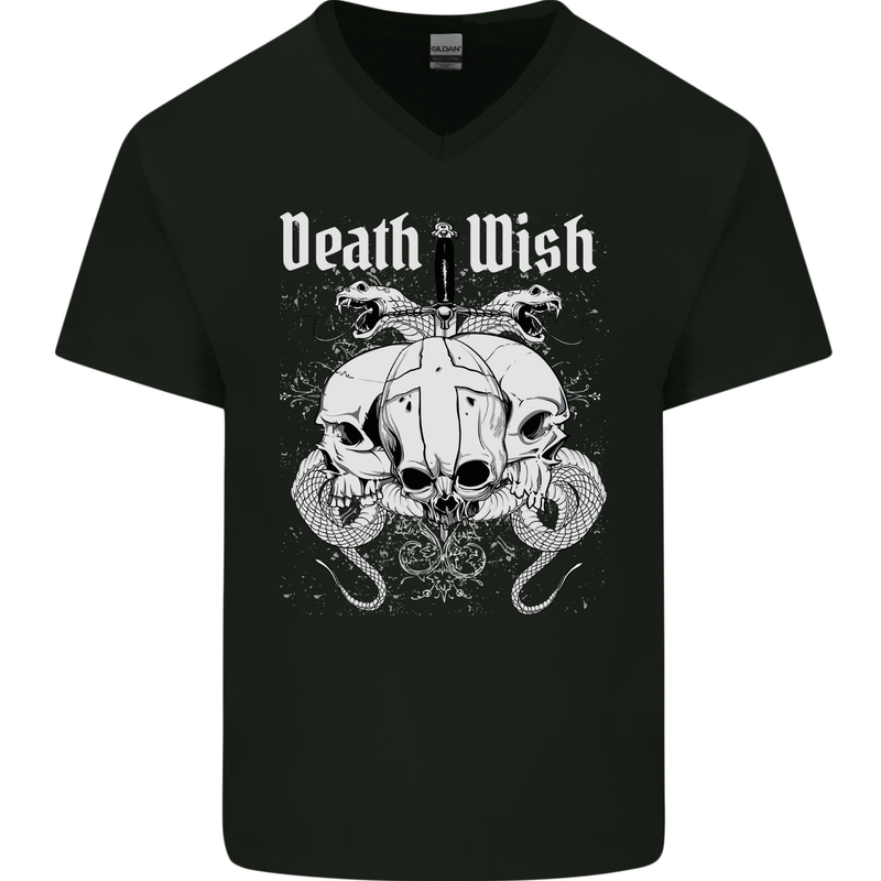 Death Wish Skulls Snakes Biker Gothic Demon Mens V-Neck Cotton T-Shirt Black