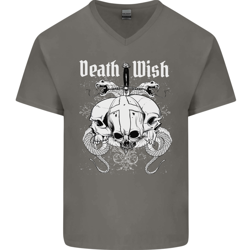 Death Wish Skulls Snakes Biker Gothic Demon Mens V-Neck Cotton T-Shirt Charcoal