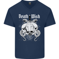 Death Wish Skulls Snakes Biker Gothic Demon Mens V-Neck Cotton T-Shirt Navy Blue