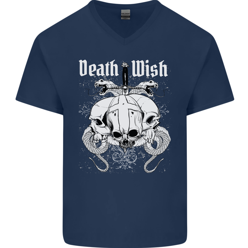 Death Wish Skulls Snakes Biker Gothic Demon Mens V-Neck Cotton T-Shirt Navy Blue