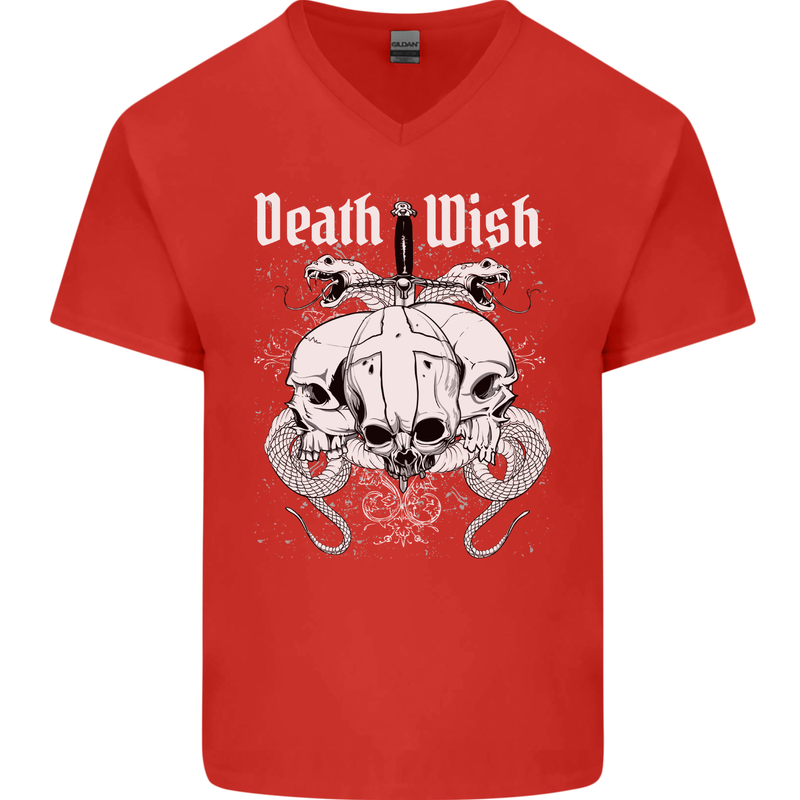 Death Wish Skulls Snakes Biker Gothic Demon Mens V-Neck Cotton T-Shirt Red
