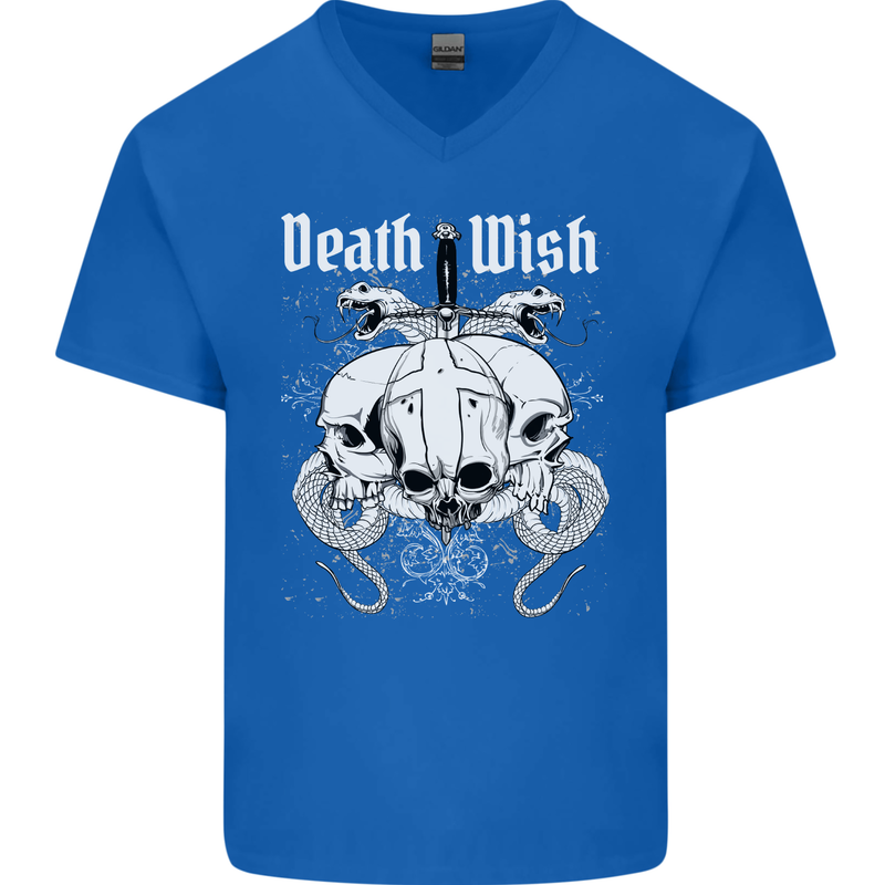 Death Wish Skulls Snakes Biker Gothic Demon Mens V-Neck Cotton T-Shirt Royal Blue