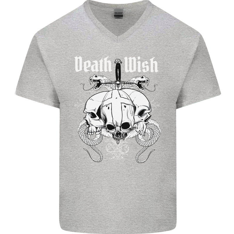 Death Wish Skulls Snakes Biker Gothic Demon Mens V-Neck Cotton T-Shirt Sports Grey