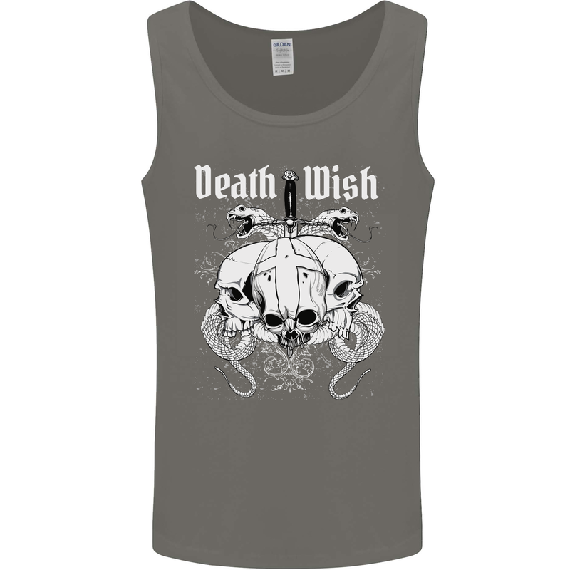 Death Wish Skulls Snakes Biker Gothic Demon Mens Vest Tank Top Charcoal