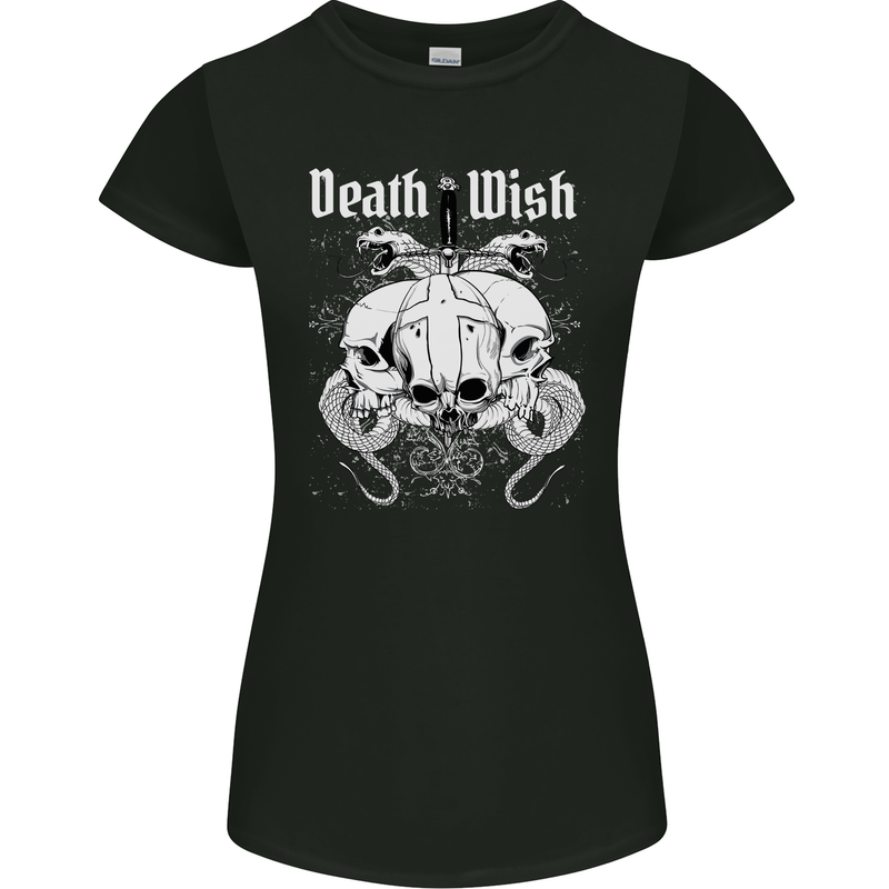 Death Wish Skulls Snakes Biker Gothic Demon Womens Petite Cut T-Shirt Black