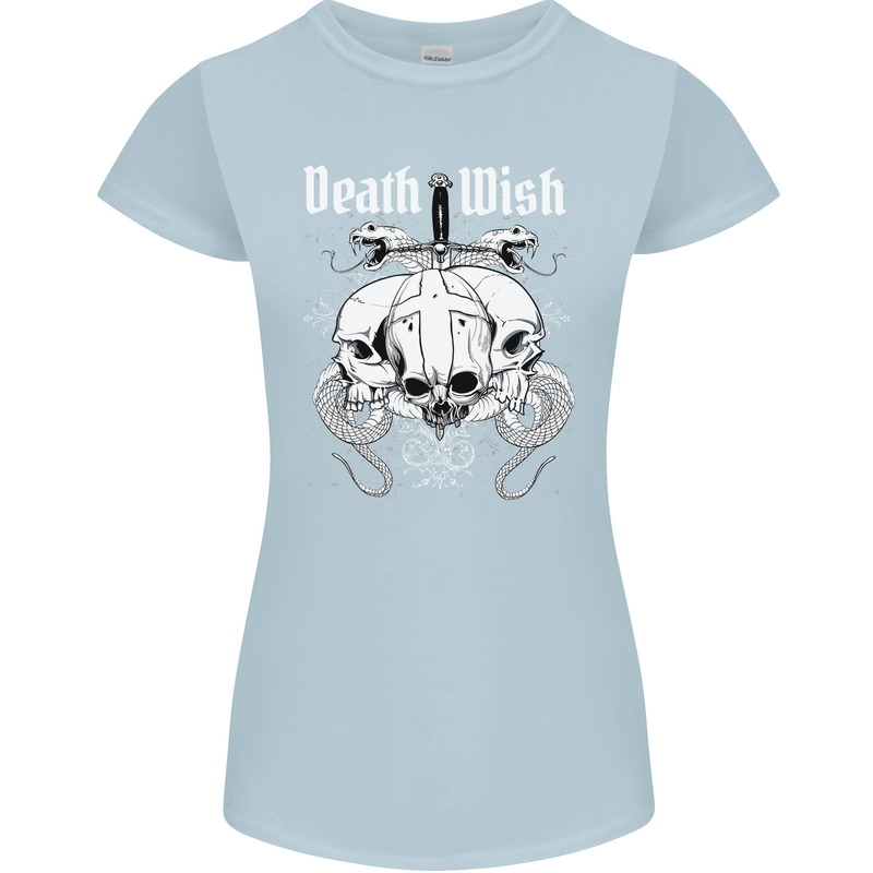 Death Wish Skulls Snakes Biker Gothic Demon Womens Petite Cut T-Shirt Light Blue