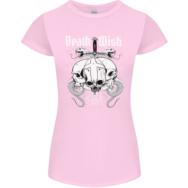 Death Wish Skulls Snakes Biker Gothic Demon Womens Petite Cut T-Shirt Light Pink