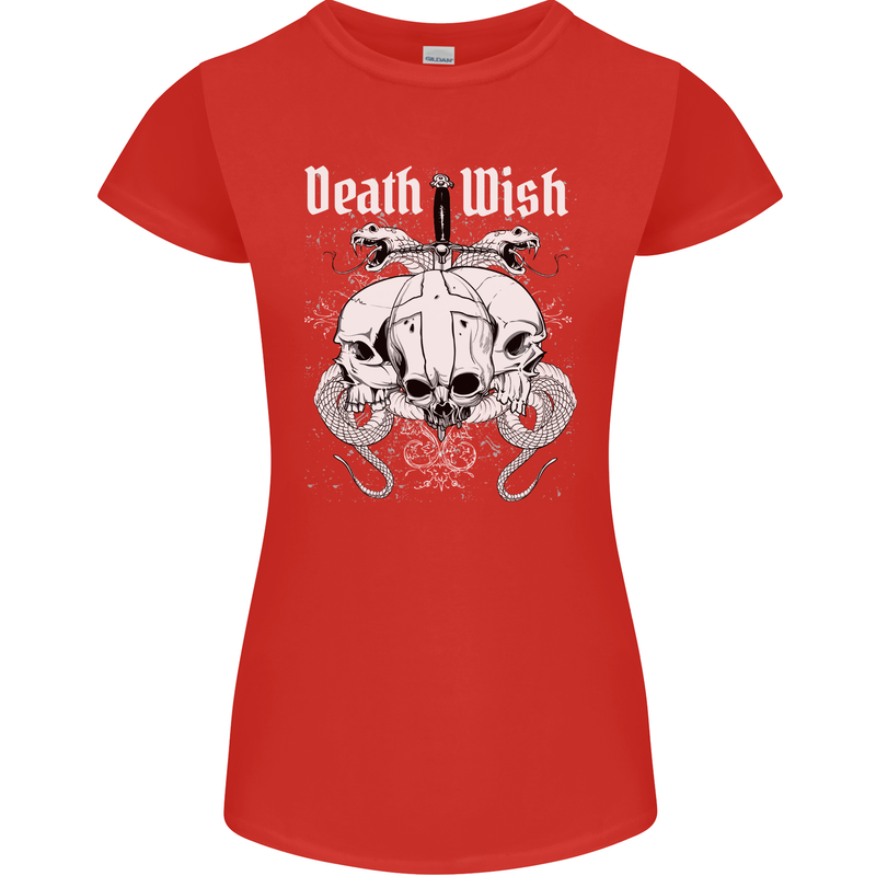 Death Wish Skulls Snakes Biker Gothic Demon Womens Petite Cut T-Shirt Red