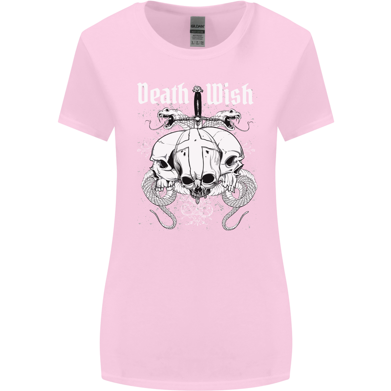 Death Wish Skulls Snakes Biker Gothic Demon Womens Wider Cut T-Shirt Light Pink