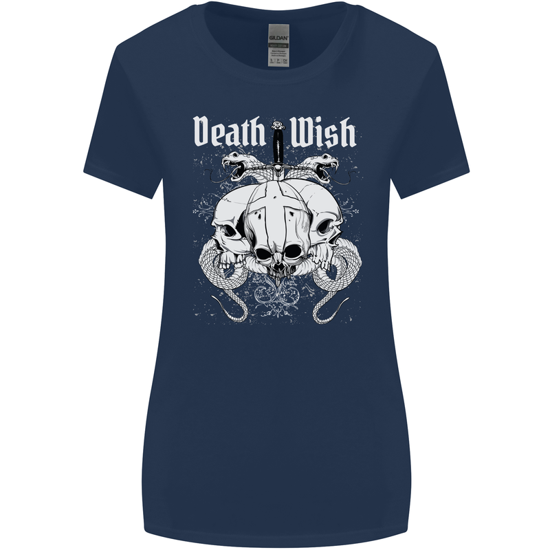 Death Wish Skulls Snakes Biker Gothic Demon Womens Wider Cut T-Shirt Navy Blue