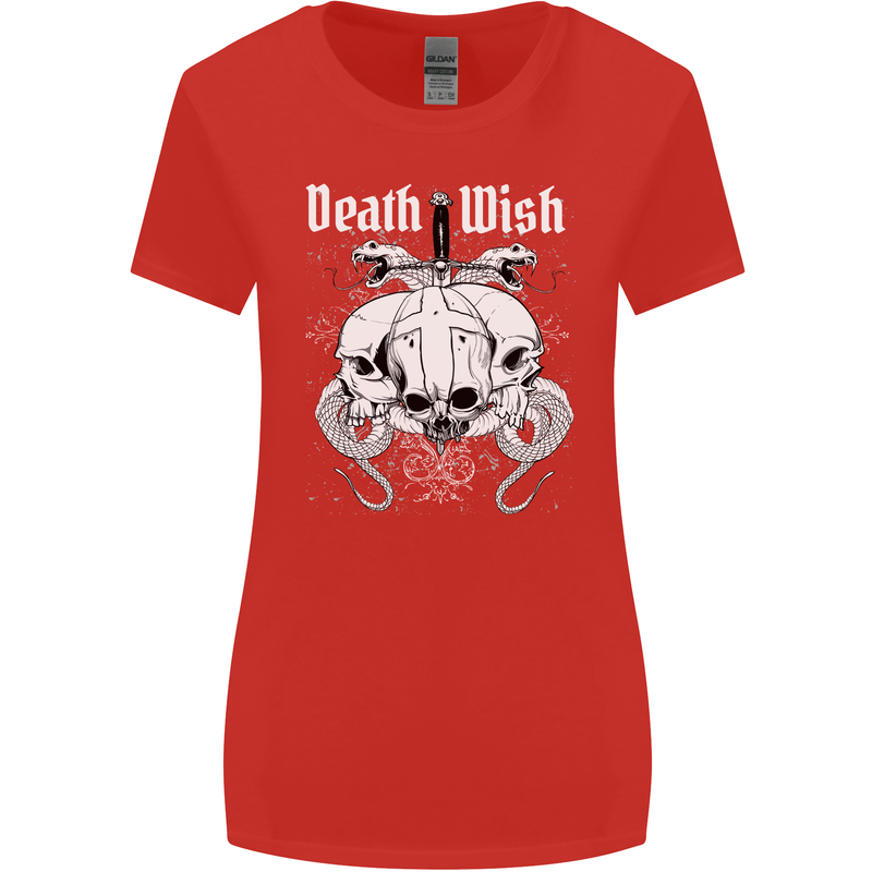 Death Wish Skulls Snakes Biker Gothic Demon Womens Wider Cut T-Shirt Red