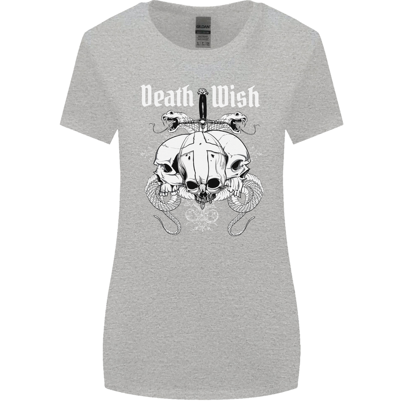 Death Wish Skulls Snakes Biker Gothic Demon Womens Wider Cut T-Shirt Sports Grey