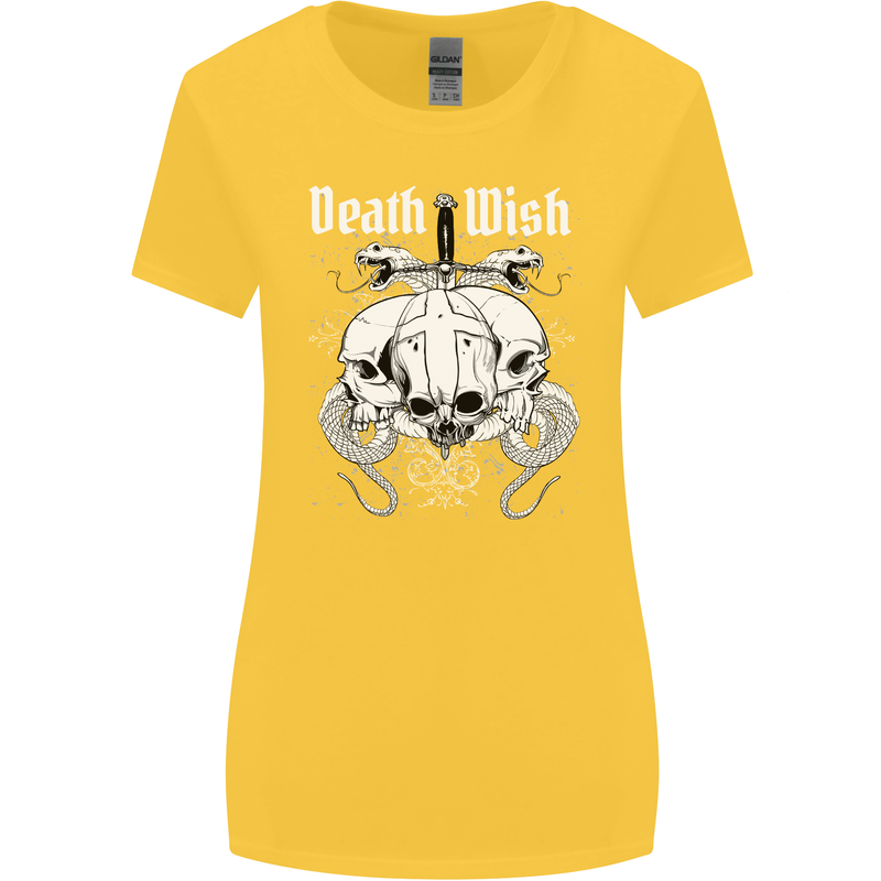 Death Wish Skulls Snakes Biker Gothic Demon Womens Wider Cut T-Shirt Yellow