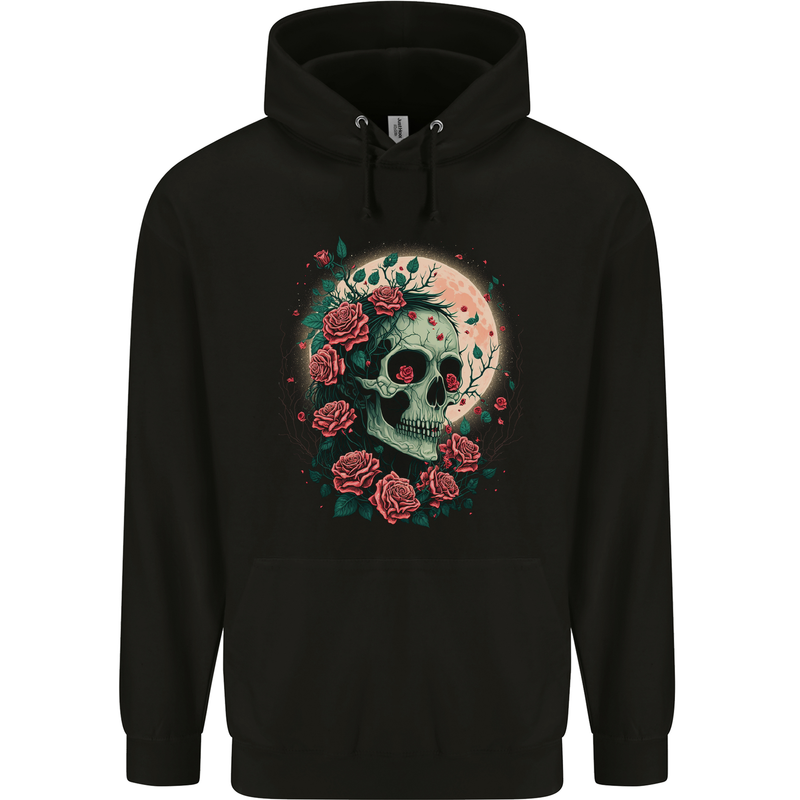 Death at Moon Skull With Roses at Night Gothic Mens 80% Cotton Hoodie Black