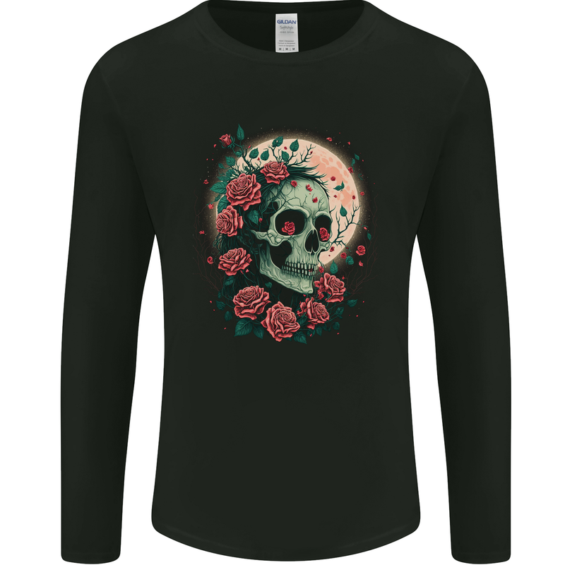 Death at Moon Skull With Roses at Night Gothic Mens Long Sleeve T-Shirt Black