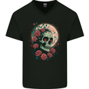 Death at Moon Skull With Roses at Night Gothic Mens V-Neck Cotton T-Shirt Black