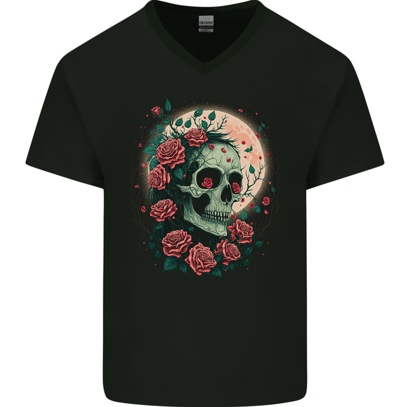 Death at Moon Skull With Roses at Night Gothic Mens V-Neck Cotton T-Shirt Black