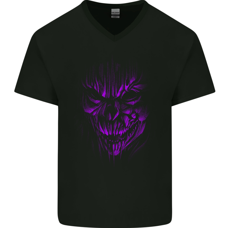 Demon Skull Devil Satan Grim Reaper Gothic Mens V-Neck Cotton T-Shirt Black