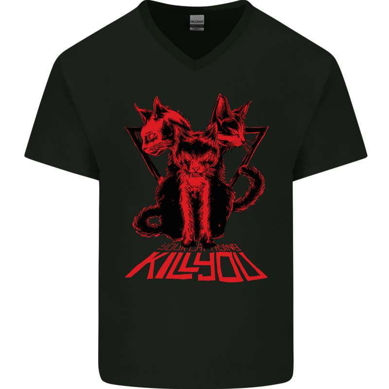 Demonic Cats Halloween Horror Witch Demons Mens V-Neck Cotton T-Shirt Black