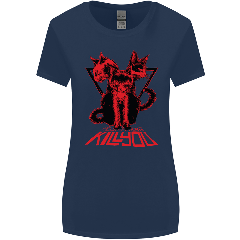 Demonic Cats Halloween Horror Witch Demons Womens Wider Cut T-Shirt Navy Blue