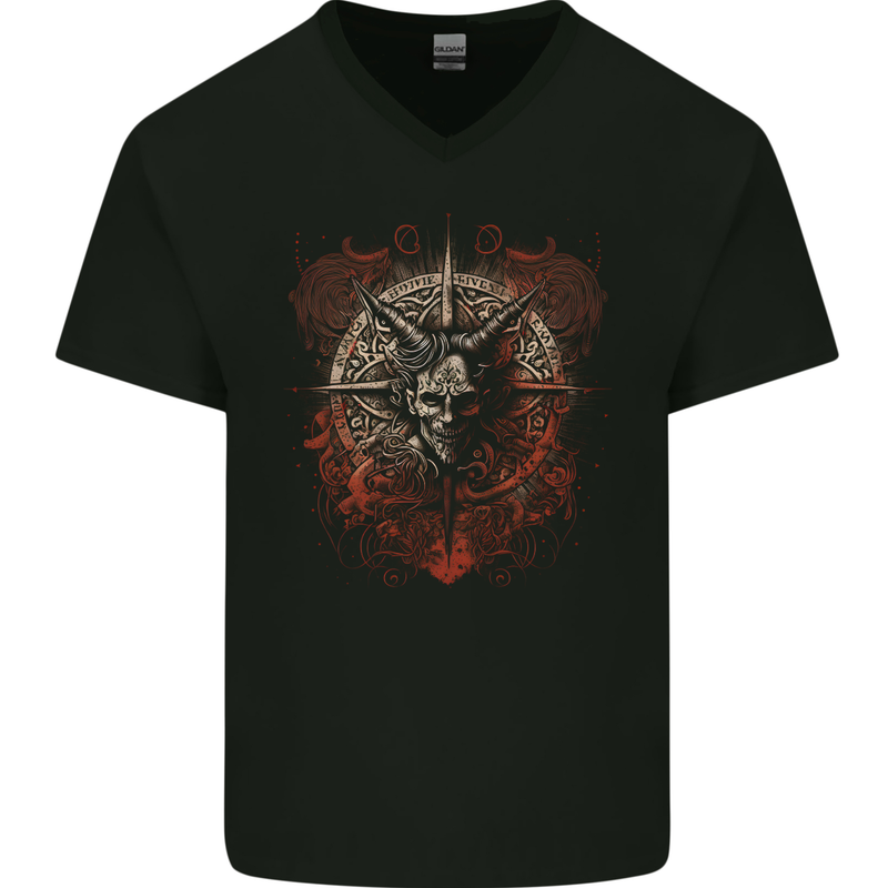 Demonic Satan Dark Magic Skull Gothic Fantasy Mens V-Neck Cotton T-Shirt Black