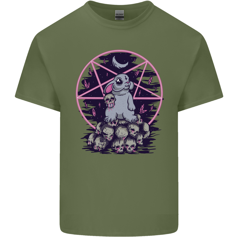 Demonic Satanic Rabbit With Skulls Mens Cotton T-Shirt Tee Top Military Green