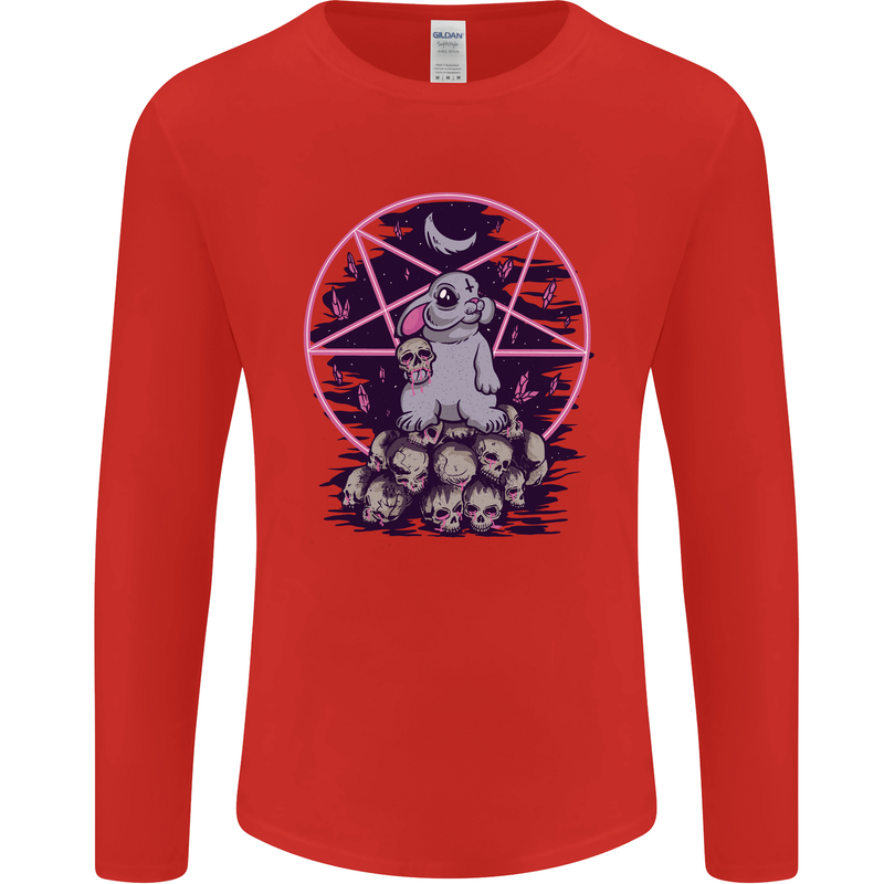 Demonic Satanic Rabbit With Skulls Mens Long Sleeve T-Shirt Red