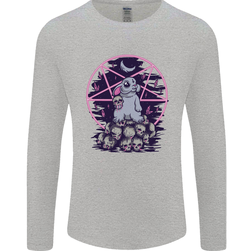 Demonic Satanic Rabbit With Skulls Mens Long Sleeve T-Shirt Sports Grey