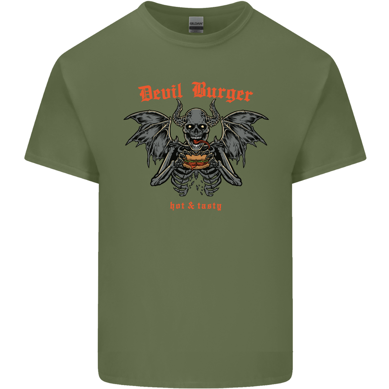 Devil Burger Demon Satan Grim Reaper BBQ Mens Cotton T-Shirt Tee Top Military Green